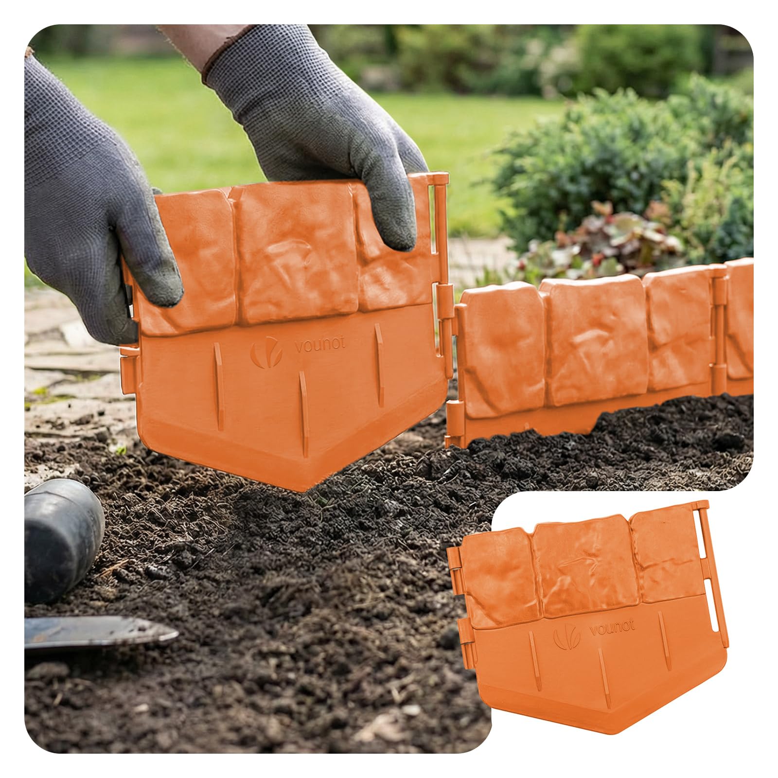 VOUNOT® Lawn Edgnig Border 2.14m, Stone Effect Plastic Garden Edging, No-Dig Decorative Lawn Border for Paths, Lawns & Flower Beds, Set of 14, Terracotta
