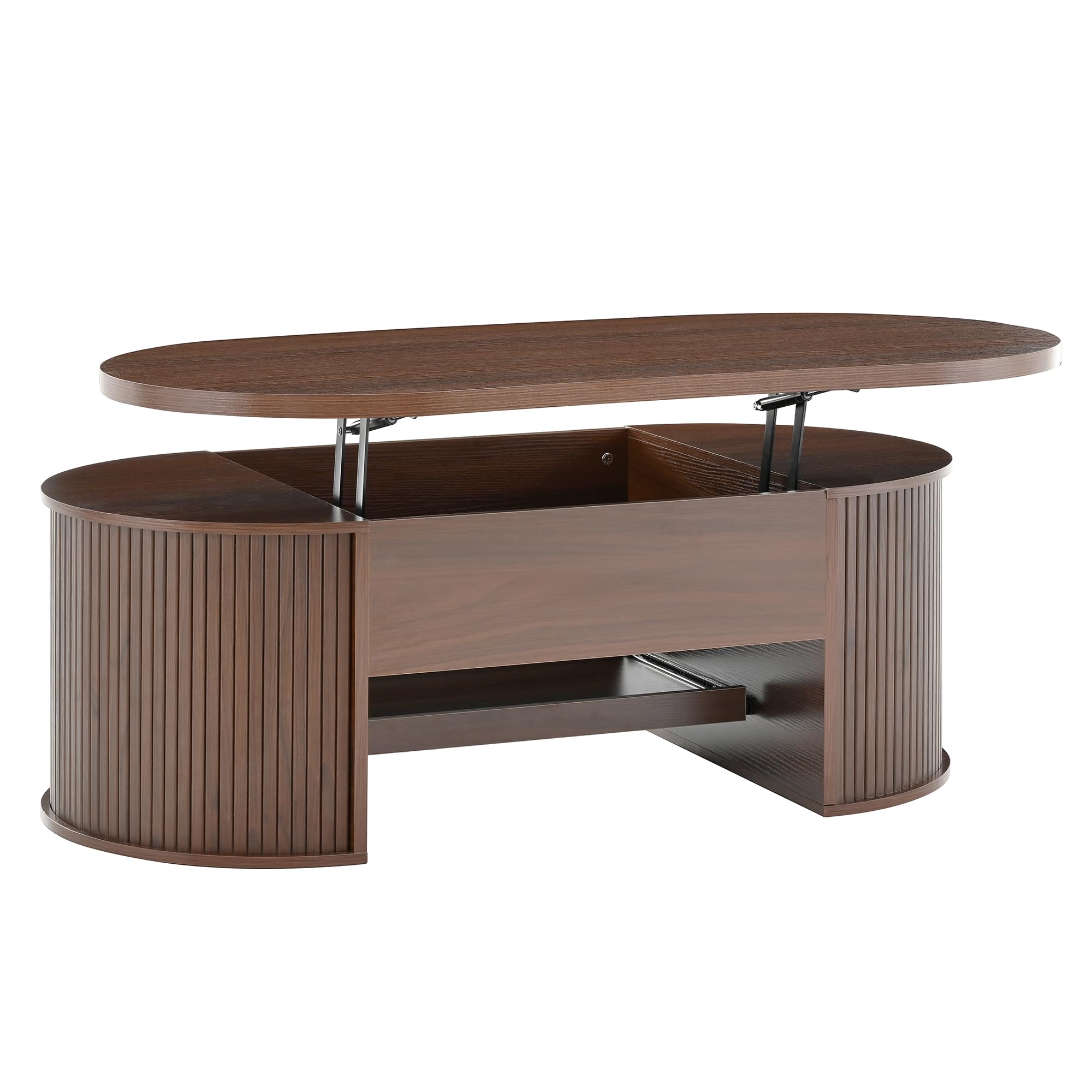 Mesa de centro elevable, mesa de centro con lados curvos de madera, estante extraíble, tablero elevable, mueble de salón multifuncional (nogal)