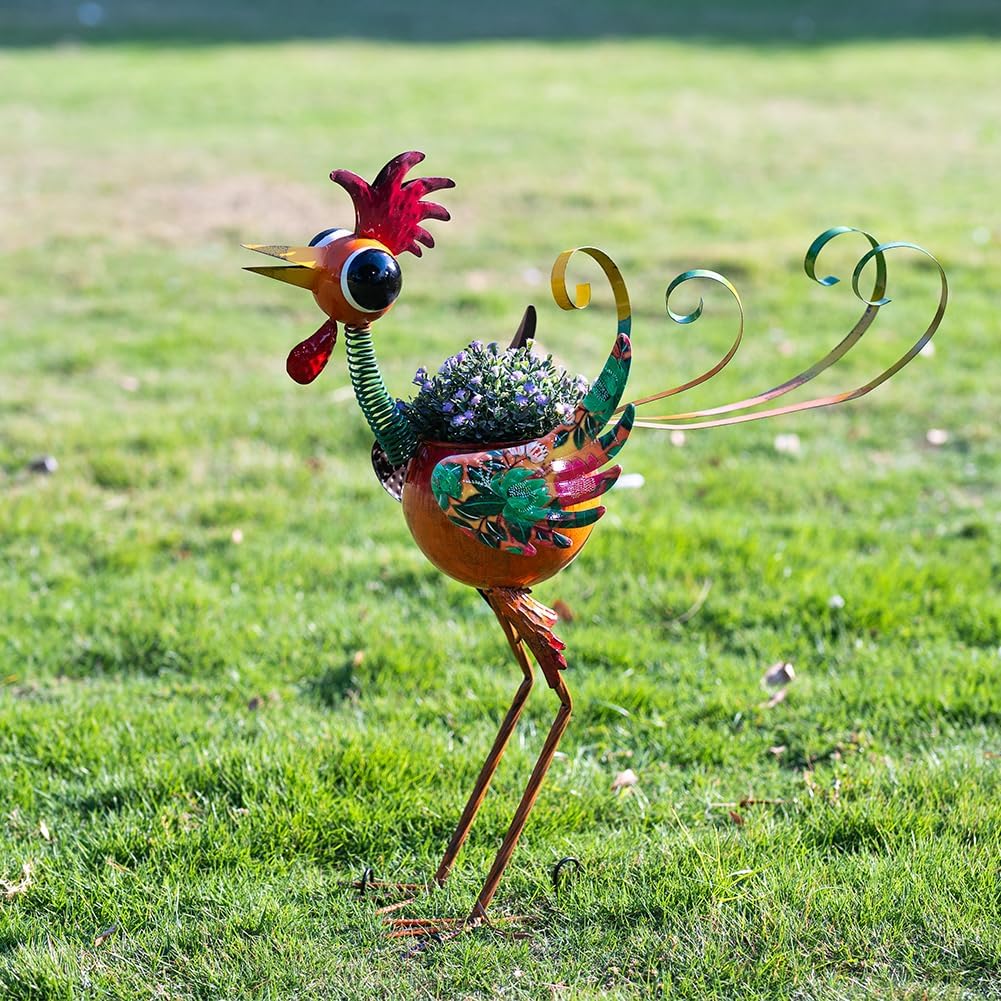 Rooster Decor Outdoor Planter,24.8 Inch Tall Metal Yard Decor Planters for Outdoor Plants, Weather-Resistant Outdoor Flower Pots for Garden Patio Porch Decor