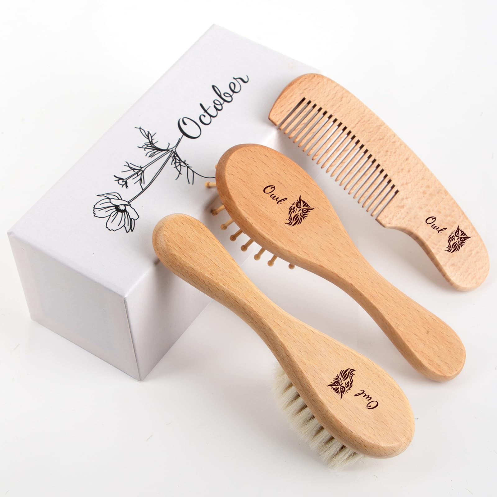 Personalized Baby Hair Brush & Comb Set with Soft Goat Bristles,Custom Laser Engraved Name,Newborn Grooming Kit with Birth Flower Gift Box (October)