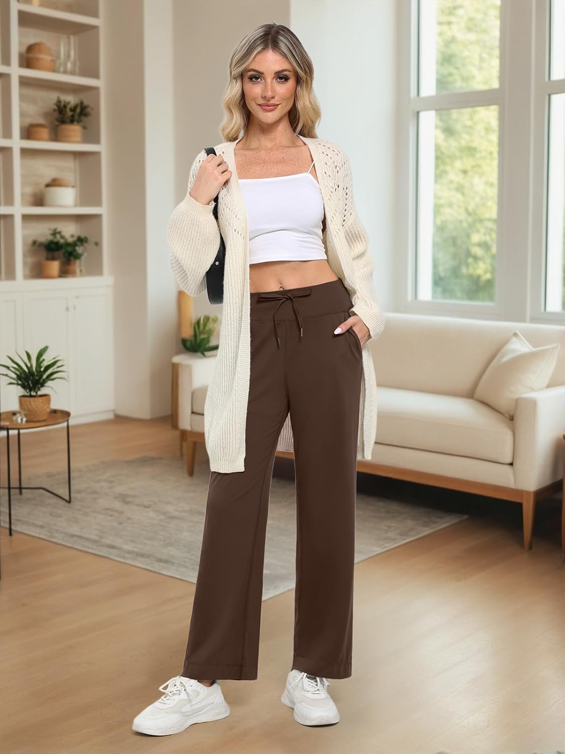 Feiersi Womens Wide Leg Yoga Pants High Waist Stretch Dress Pants Lounge Comfy Loose Trousers with Pockets - Image 3