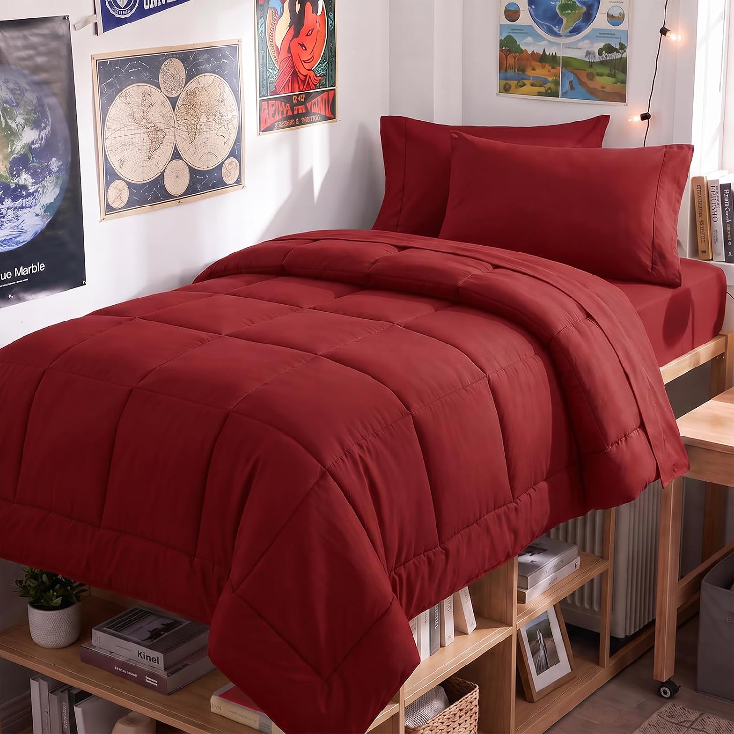  Twin XL Comforter Set Dark Red - 5 Pieces Twin XL Bed in a Bag | College Dorm Essentials, OEKO-TEX Certified, All Season, Down-Alternative Comforter + Flat & Fitted Sheets + 2 Pillowcases