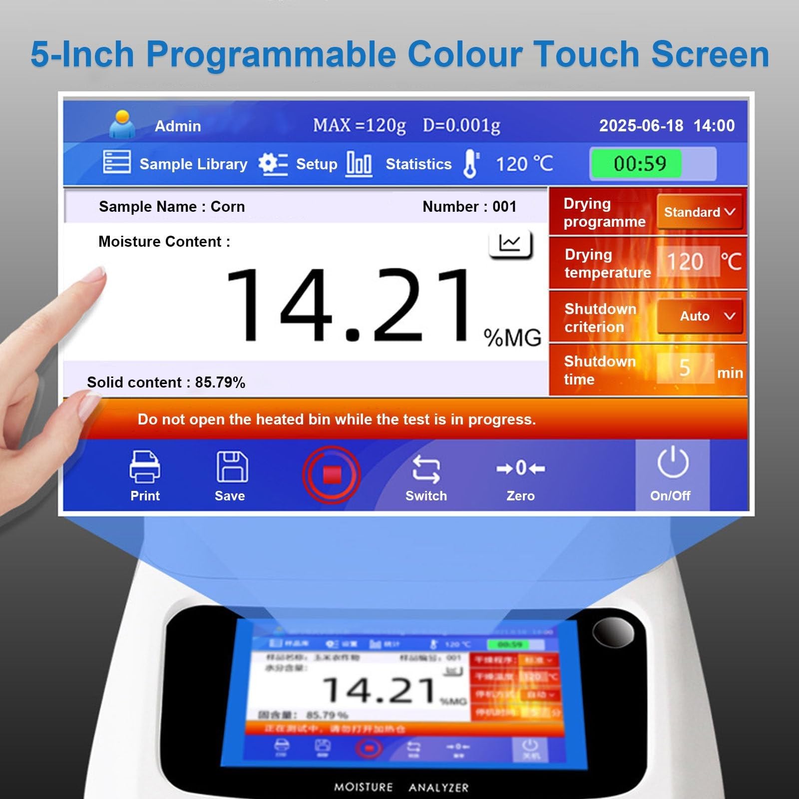 Halogen-Feuchtigkeitsanalysator mit Datenmanagement, 12,7 cm (5 Zoll) Touchscreen für Mehrbenutzer-Labore, RS232 und Audit-Trail für GLP-Compliance