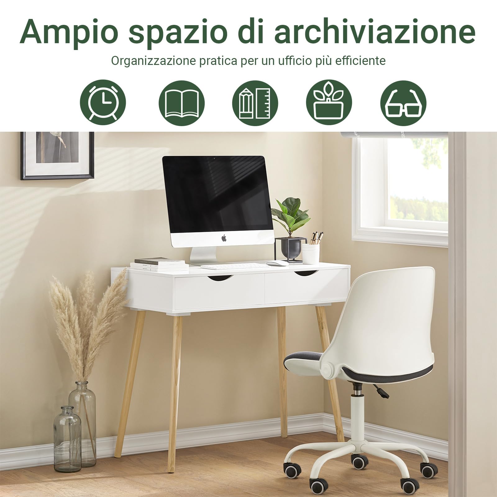 SoBuy Scrivania con 2 cassetti, Gambe in Legno di Pino, Scrivania Ufficio Compatta, Tavolo da Lavoro per Studio Cameretta e Camera da Letto, L90*P45*A77cm, FWT40-WN