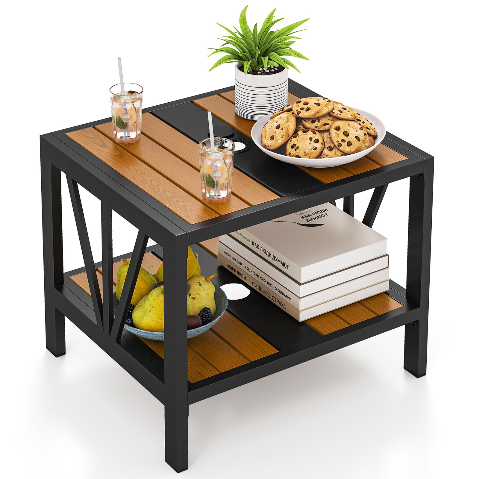 CASART Outdoor Side Table, 2-Tier Patio Coffee End Tables with Umbrella Hole, Heavy-Duty Metal Bistro Table with Storage Shelf for Backyard, Poolside, Garden