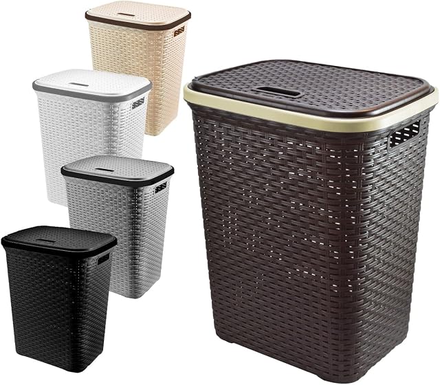 A406 Large Plastic Rattan Laundry Basket Clothes Hamper Linen Storage Lidded Bin Box Laundry Supplies Holder Tidy (Brown)