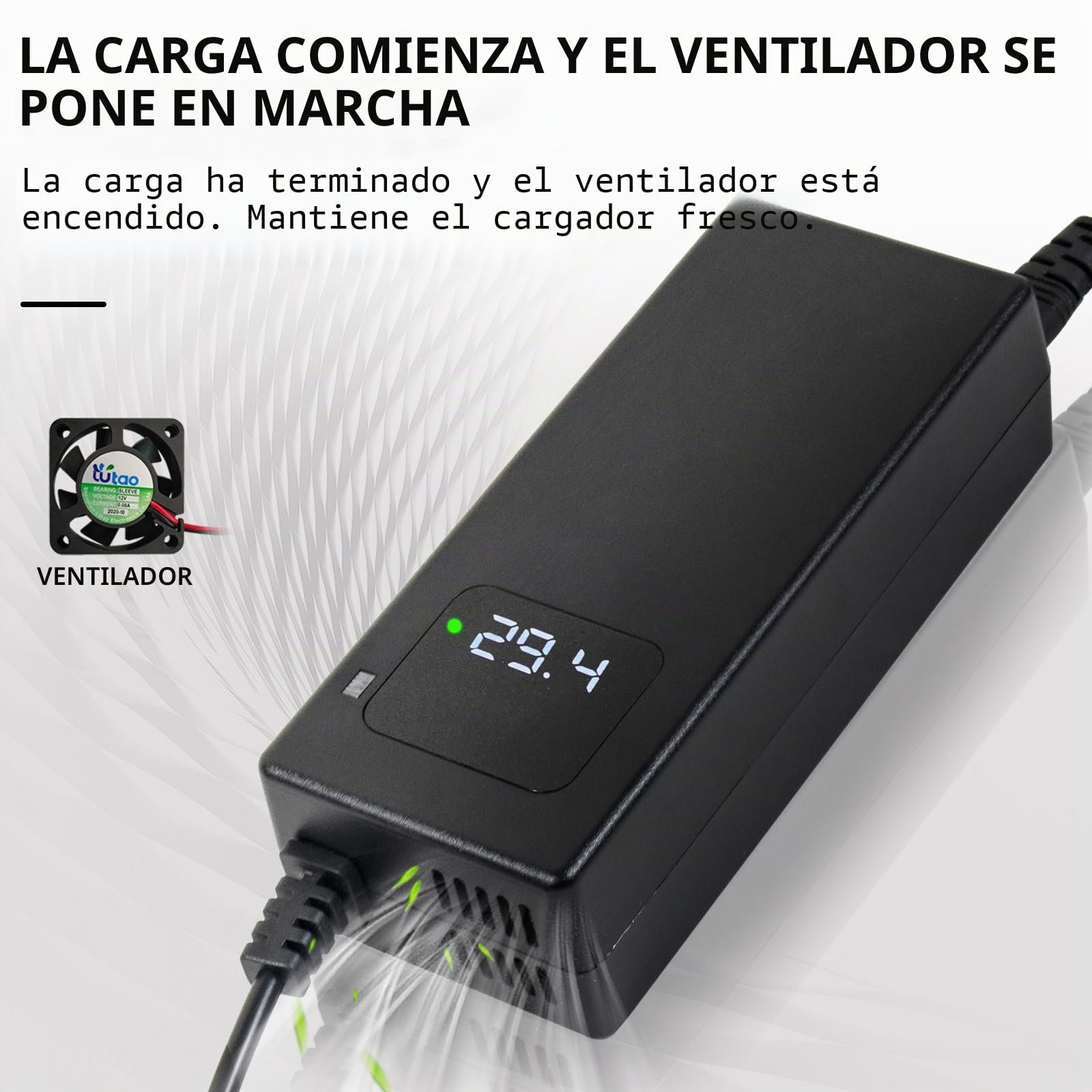Cargador de batería de 29,4 V, 4 A, para batería de litio de 24 V, con pantalla LED y múltiples funciones de protección y reparación, equipado con conectores RCA de 8 mm, CC 5,5 x 2,1 mm