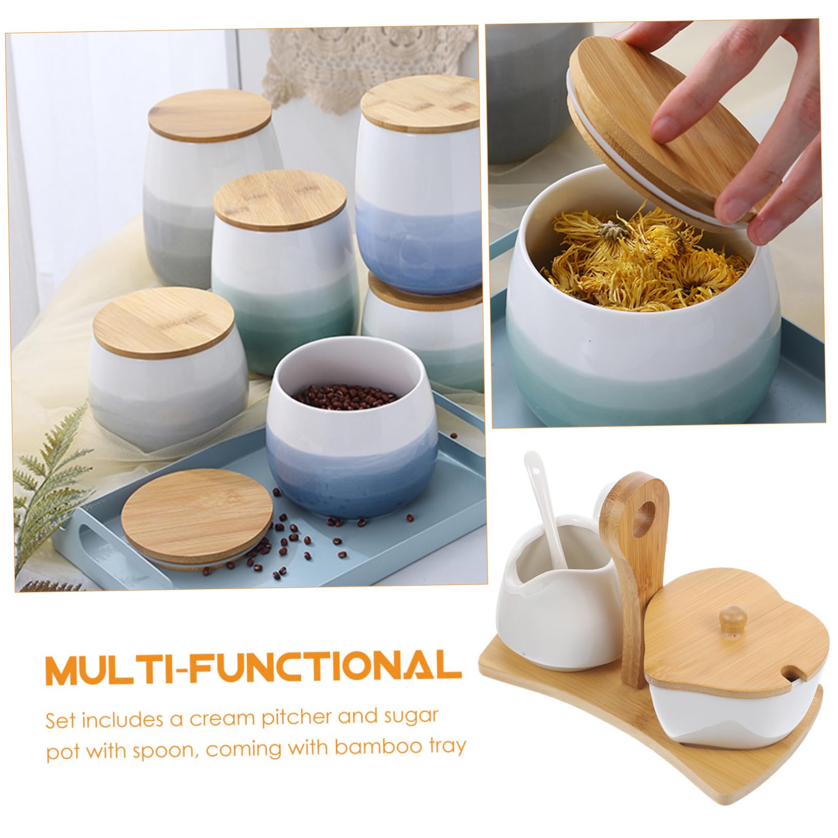 MAGICLULU Azucarero y Lechera Cerámica con Bandeja De Bambú y Cuchara Set para Crema y Azúcar para Cocina y Mesa Dulce Hogar y Hotel