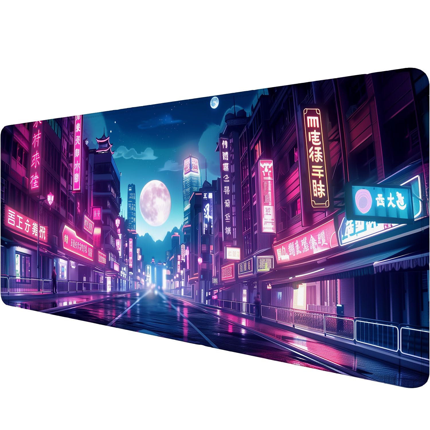 Tokyo Anime City Gaming Mouse Pad Cyberpunk Neon Streets Large Gaming Mouse Mat with Stitched Edges,Non-Slip Waterproof Rubber Base Mous Mat 31.5"