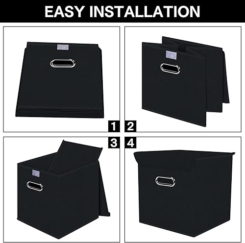 Miniatura 6 de Organizadores de armario de tela con tapas, canastas plegables con asas, cajas de almacenamiento para organizar, paquete de 3 unidades (negro)