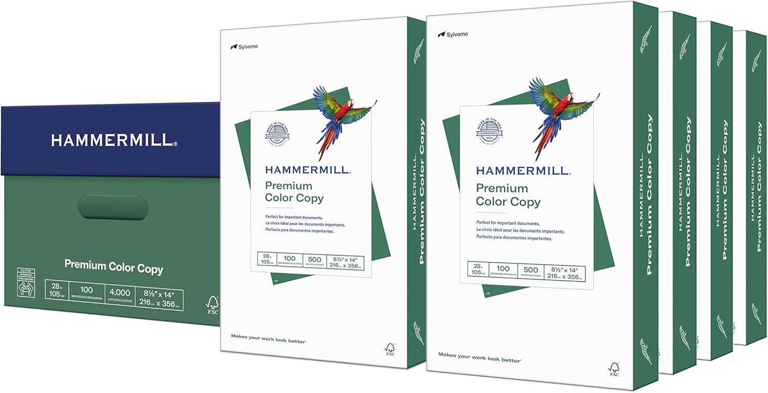 Hammermill Printer Paper, Premium Color 28 lb Copy Paper, 8.5 x 14 – 100 Bright, Made in the USA, 102475 – 8 Ream (4,000 Sheets)