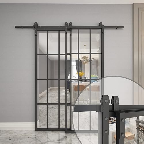 JUBEST Bypass - Puerta de granero de vidrio doble de 60 x 84 pulgadas con kit de herrajes para montaje lateral de 6.6 pies, 2 juegos de 36 x 84