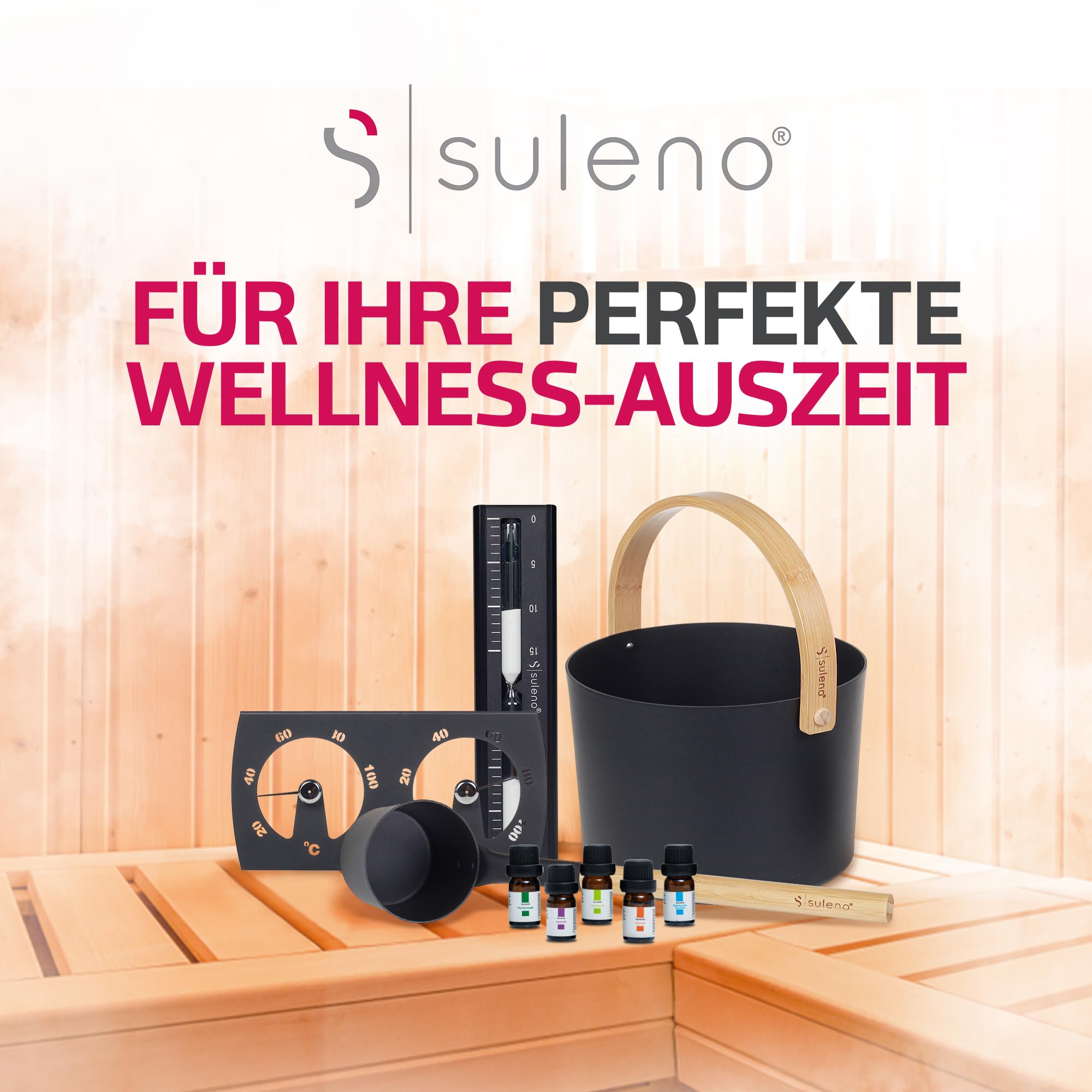 SULENO Saunazubehör-Set KJELL 9-teilig, inklusive Aluminium-Aufgusskübel & | Schöpfkelle mit Bambusgriff, Sauna-Thermometer & Hygrometer, Sanduhr & 5 Saunaöle