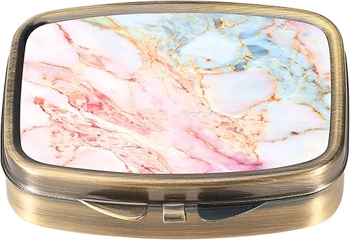 Dynippy Pastillero con espejo, bolsillo retro, 2 compartimentos, organizador de píldoras de vitaminas para bolsa de bolsillo y viajes (A-mármol rosa)