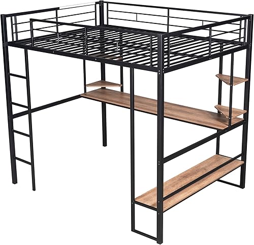 Miniatura 4 de ODC Cama alta de metal con escritorio marco de cama alta resistente de tamaño matrimonial con 4 estantes de almacenamiento cama alta de tamaño