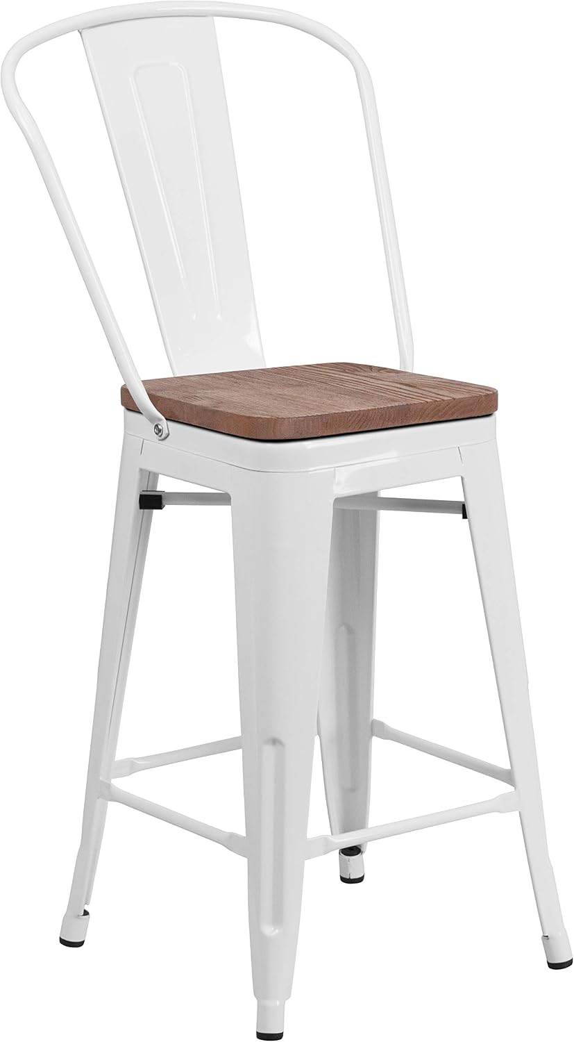 Taylor + Logan 30 Inch High Metal Barstool with Back and Wood Seat, Set of 4, White