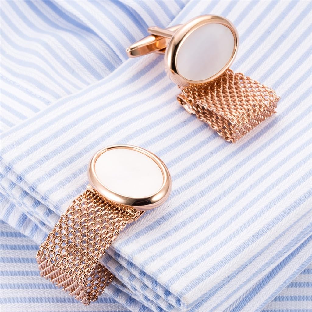 Gemelos Cadena De Oro Rosa Clavos Incrustados Con Puños De Concha Ovalada Botones Nobles