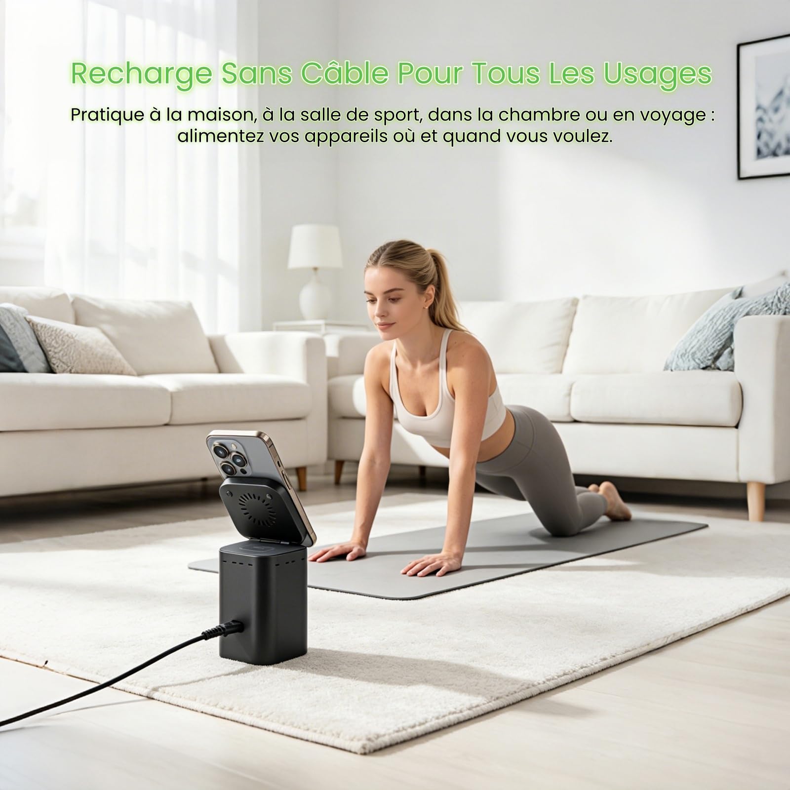 Tour de Charge 6 en 1, Station de Charge GaN 100W avec Chargeur sans Fil Qi2.2 25W, Câble USB-C Rétractable 65W, Port USB-C 65W, HDTV 2.1 8K et Hub USB 3.0