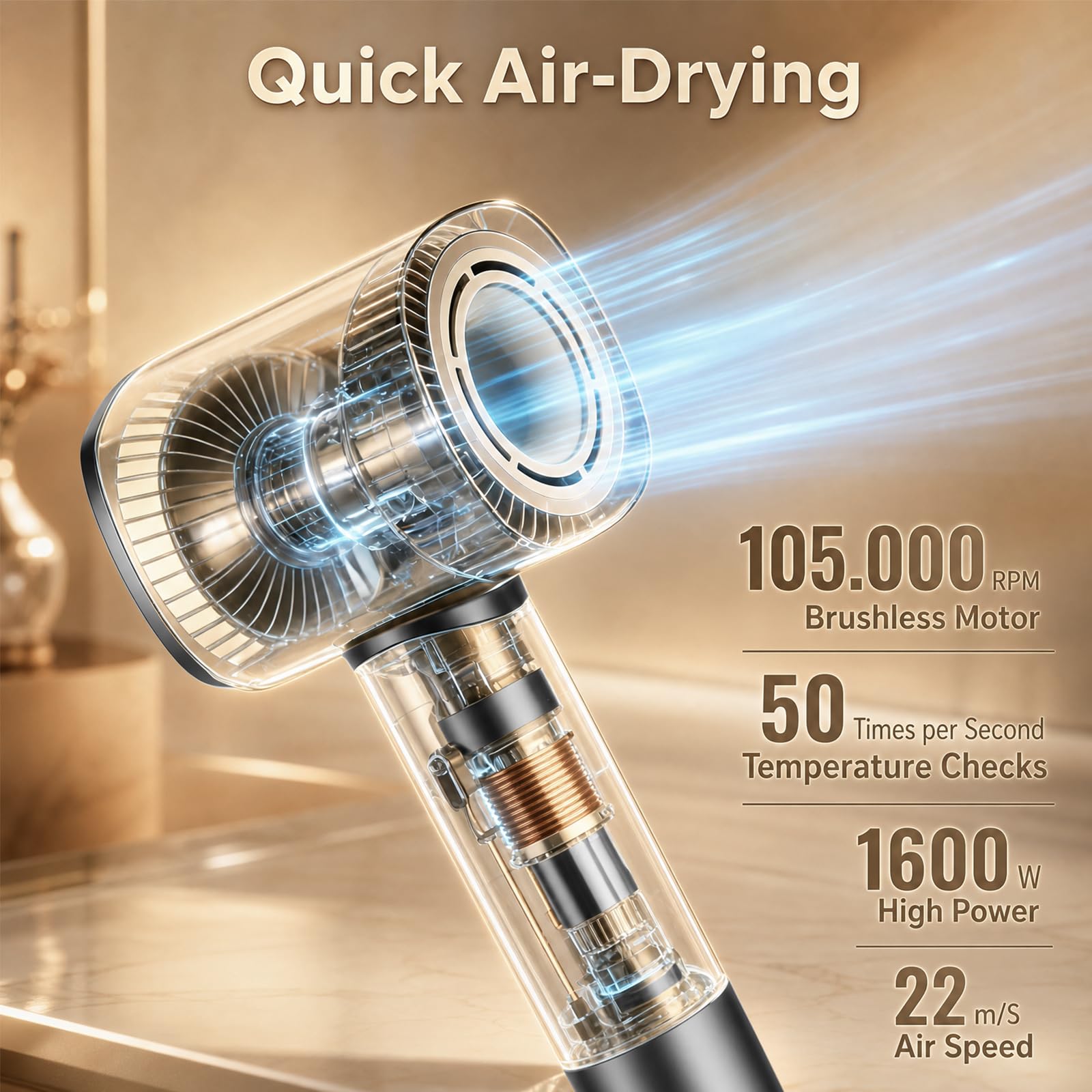 Romon Suszarka jonowa 1600 W, 200 milionów jonów, 3 poziomy temperatury, 2 prędkości wiatru, 59 dB niski poziom hałasu, z dyszą, lekka do domu i podróży, czarna
