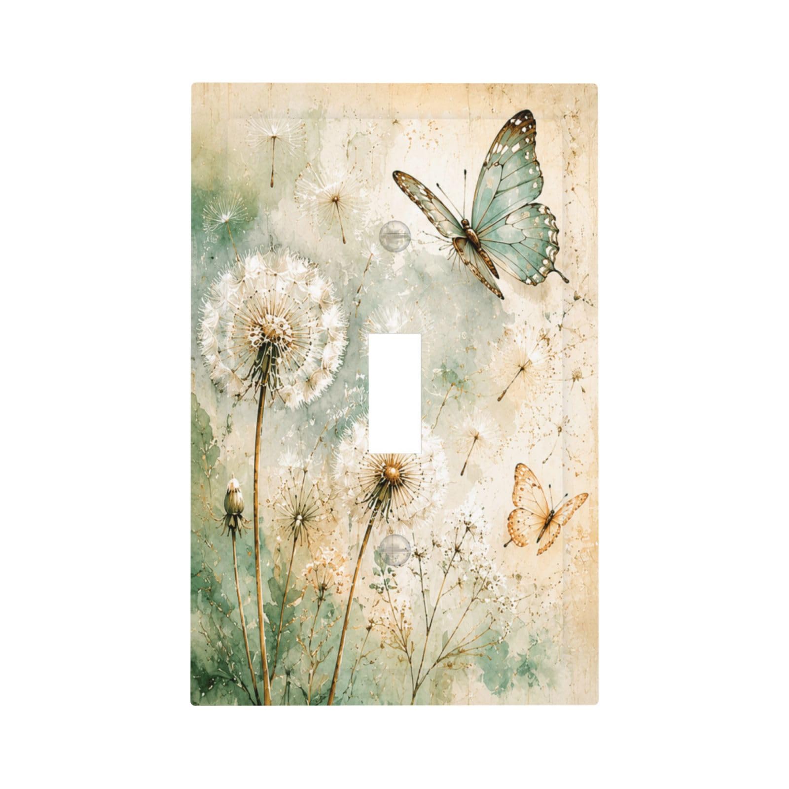 Xuejiaku Watercolor Dandelion & Butterflies Decorative Switch Plate Cover Single Toggle Light Switch Covers 1 Gang Outlet Covers Wall Plate Rustic Green Floral Switchplate Faceplate Farm Home Decor