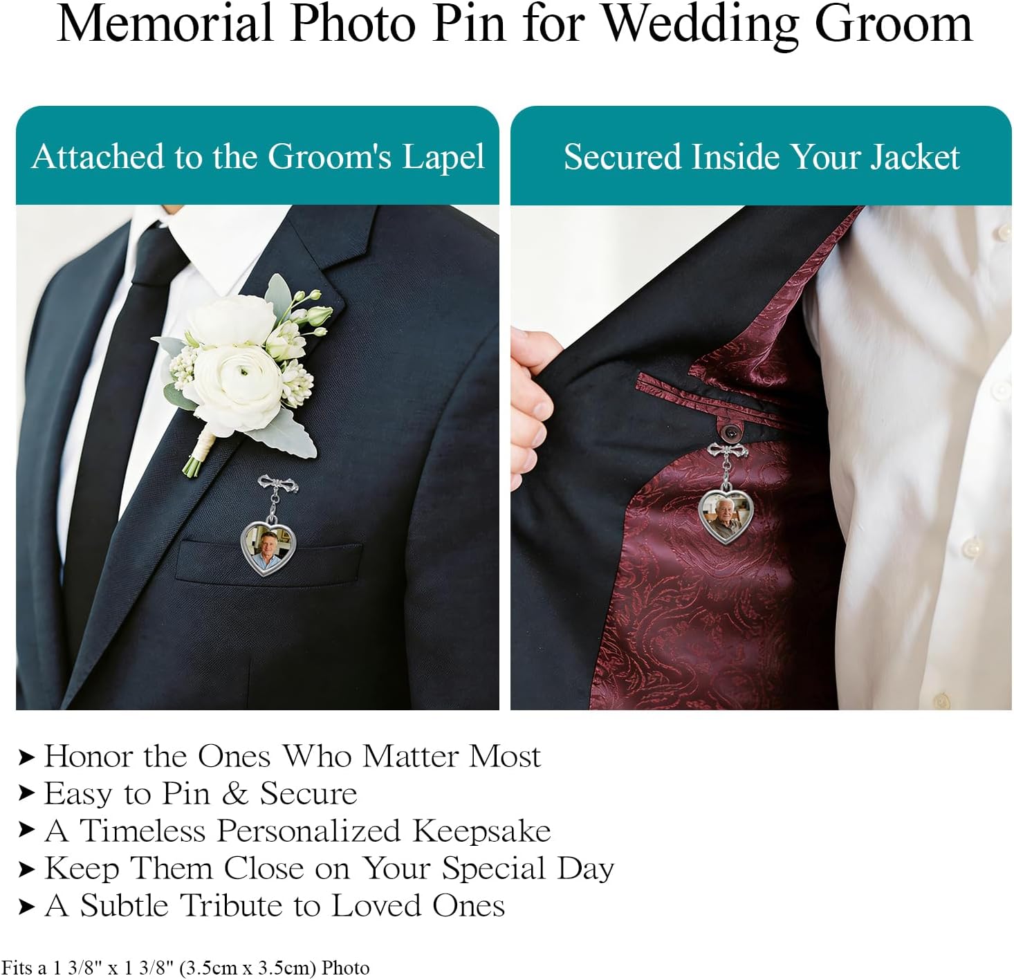 Memorial Photo Lapel Pin for Groom Wedding Day, In Loving Memory Charm Keepsake, Boutonniere Photo Pin Gift from Heaven, Remembrance Wedding Gift from Deceased Mom or Dad image 2