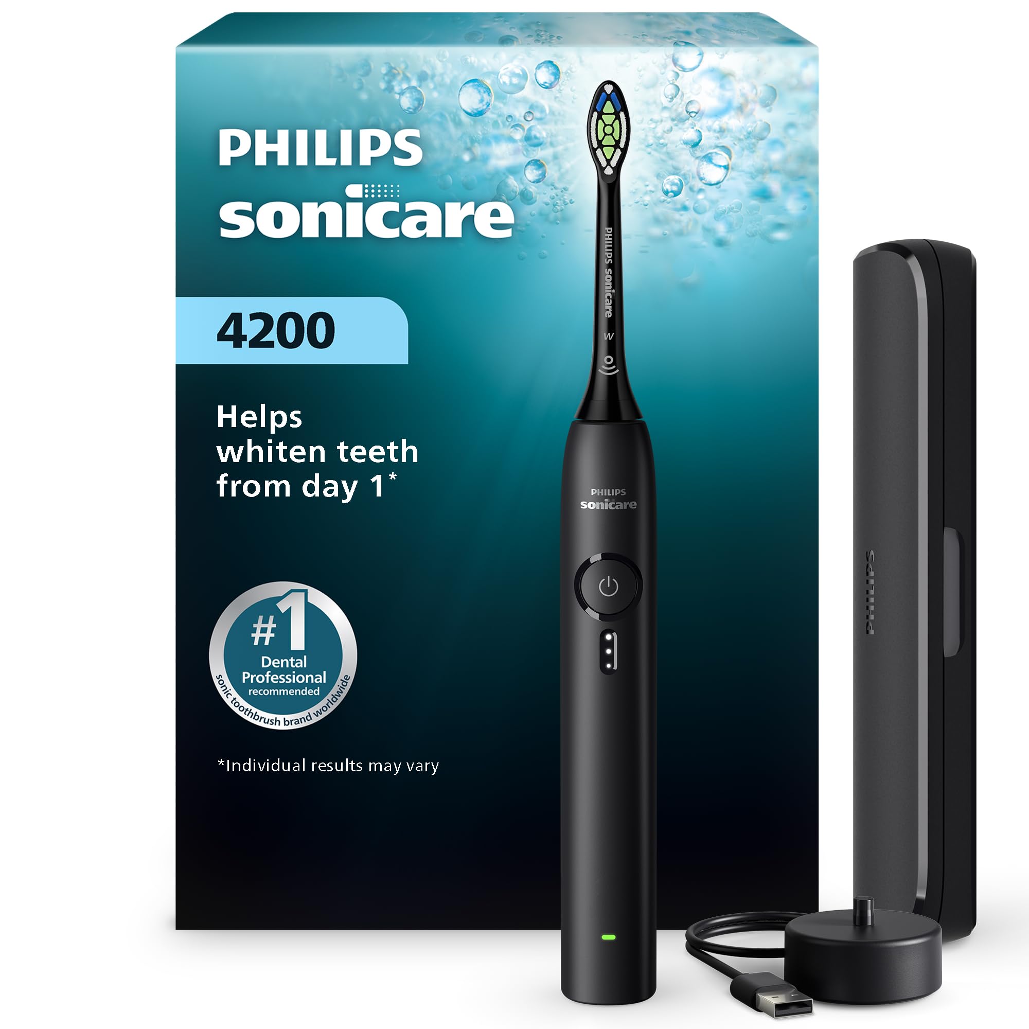 Philips Sonicare Spazzolino elettrico serie 4200 - Spazzolino sonico con sensore di pressione, 3 livelli di intensità, funzione EasyStart, SmarTimer e QuadPacer, autonomia di 14 giorni, nero, modello