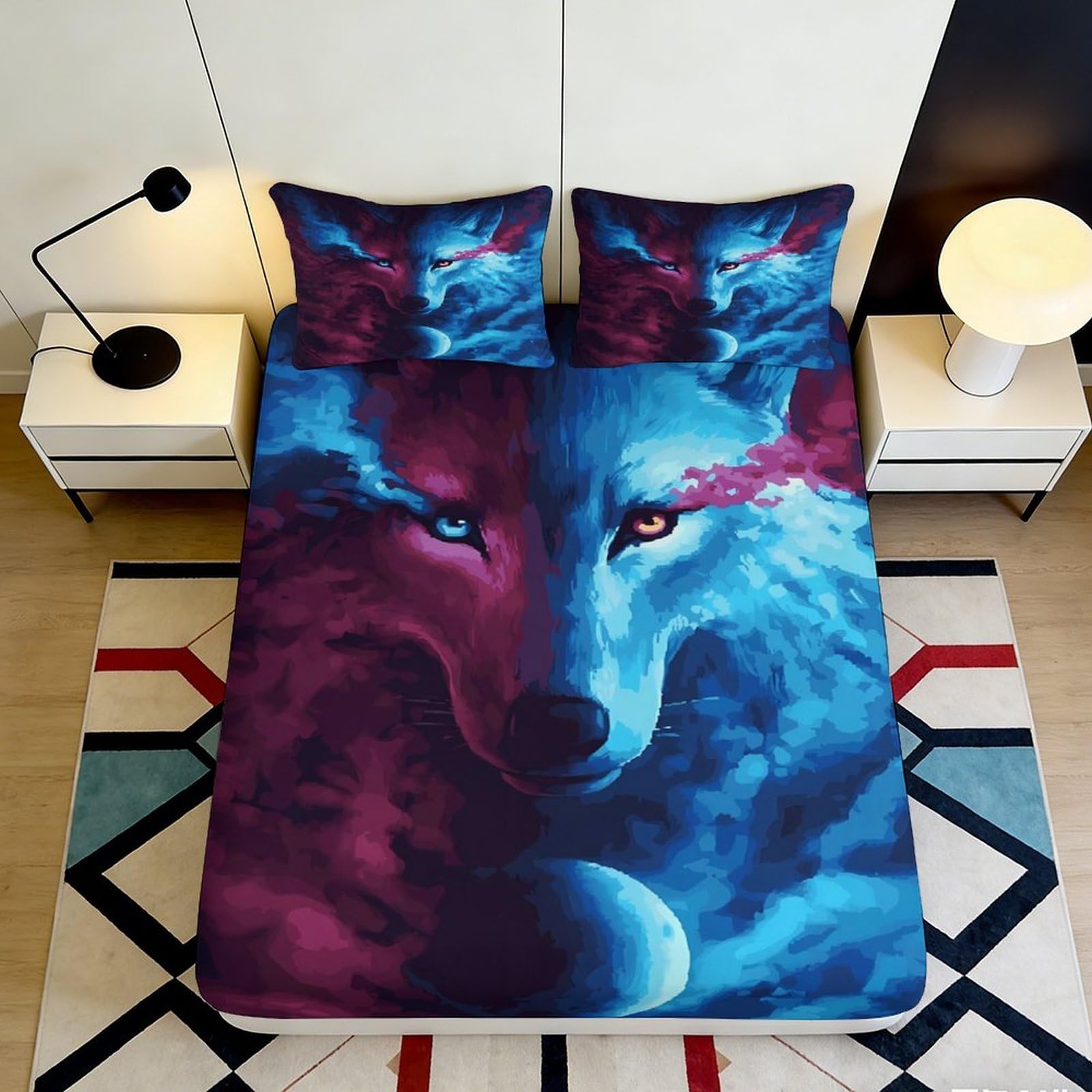 3D Printed Wolf Pattern Fitted Sheet Microfiber Deep Pocket Bedroom Bedding Set Wolf Mattress Fitted Cover Washable Full Wrap 200x200x25cm 90x200x25cm