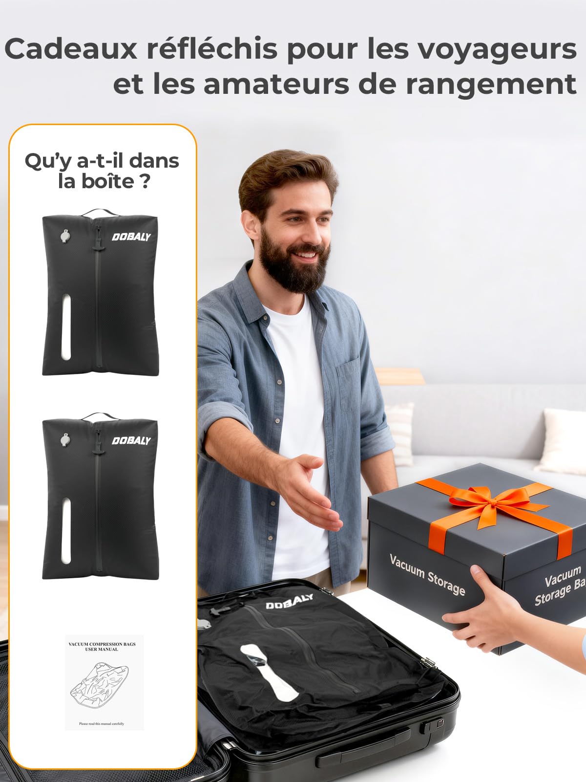 Dobaly Sacs à Vide Professionnels pour le Voyage, Sacs de Compression Réutilisables IP67 pour les Valises et les Sacs à Dos – Compacts et Durables-24L (2 Pièces, Sans Pompe)