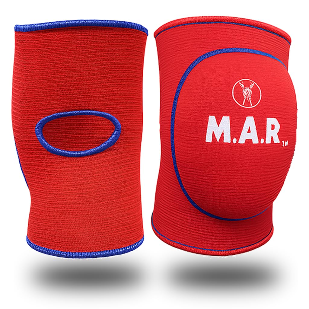 MAR | Red Elasticated Knee Pads for Protection and Combat Sports, Martial Arts Knee Support for Men and Women, Karate Knee Support Brace, Taekwondo Protectors, MMA Knee Pads for Adults (S)