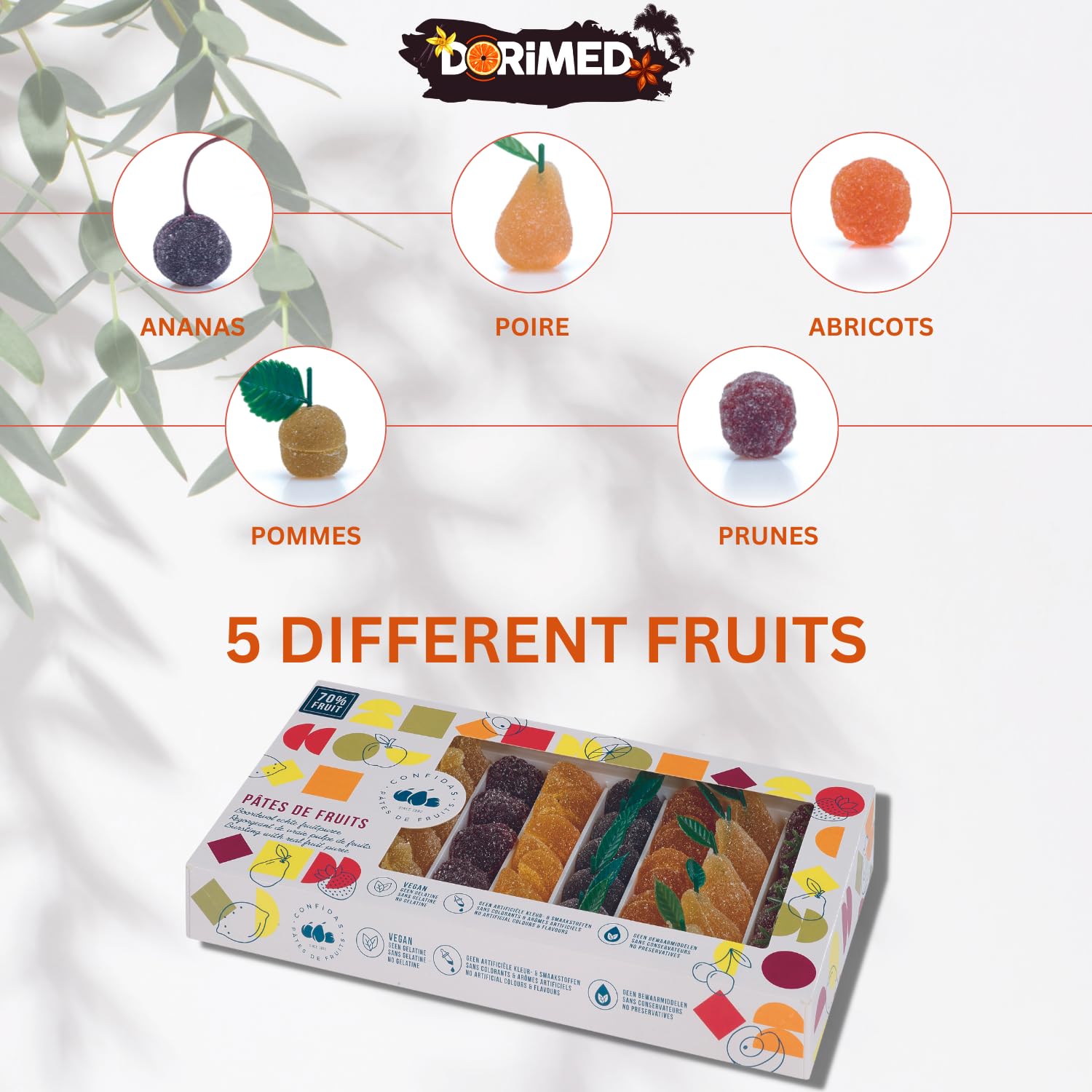 Pâtes de Fruits saveurs fruits des vergers 1 Kg, saveurs (pommes vertes, abricots, cerises noires, prunes, poires jaunes),sans Gluten,sans conservateur,sans colorant et sans arômes artificiels.