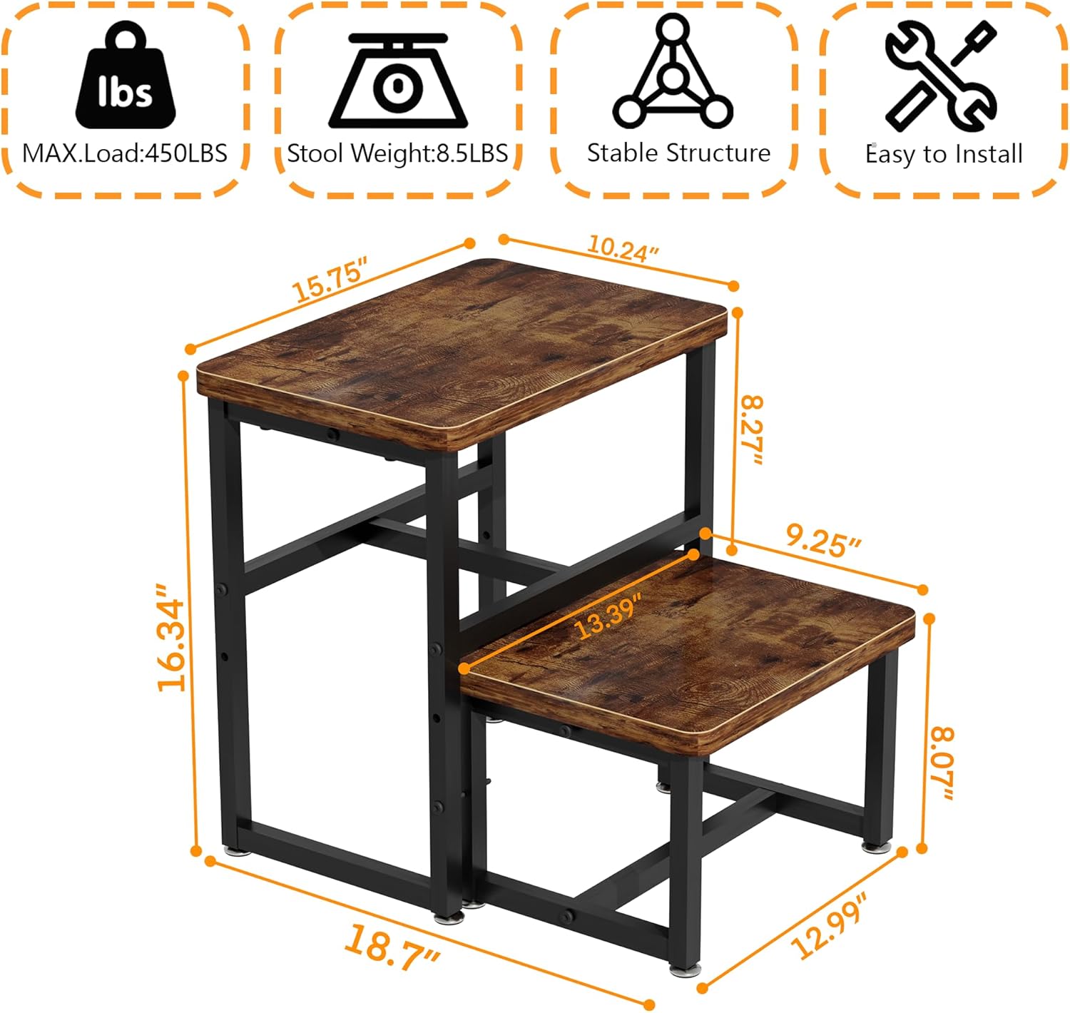 Toddler 2 Step Stool, Kids Wooden 2 Step Stools for Bathroom, Kitchen, Bedroom and Living Room, Heavy Duty Tall Stepping Stool for High Beds and Toilet up to 450-LBS