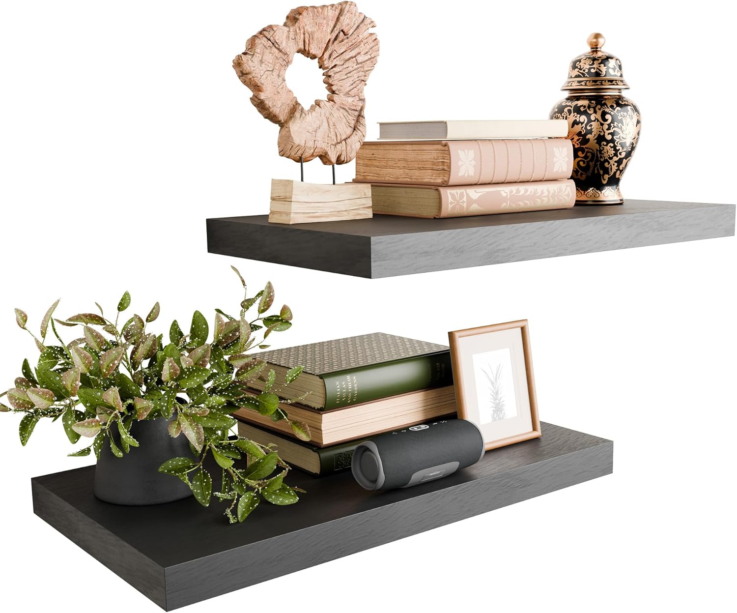 Black 24 Inch Rustic Floating Shelves for Wall, Wooden Deep Floating Shelves Set of 2, Wall Shelves for Bathroom Over Toilet, Live Edge Display Shelf with Invisible Brackets for Home Decor Black Deep Floating Shelves 23.6 in W x 11.6 in D x 1.5 in H