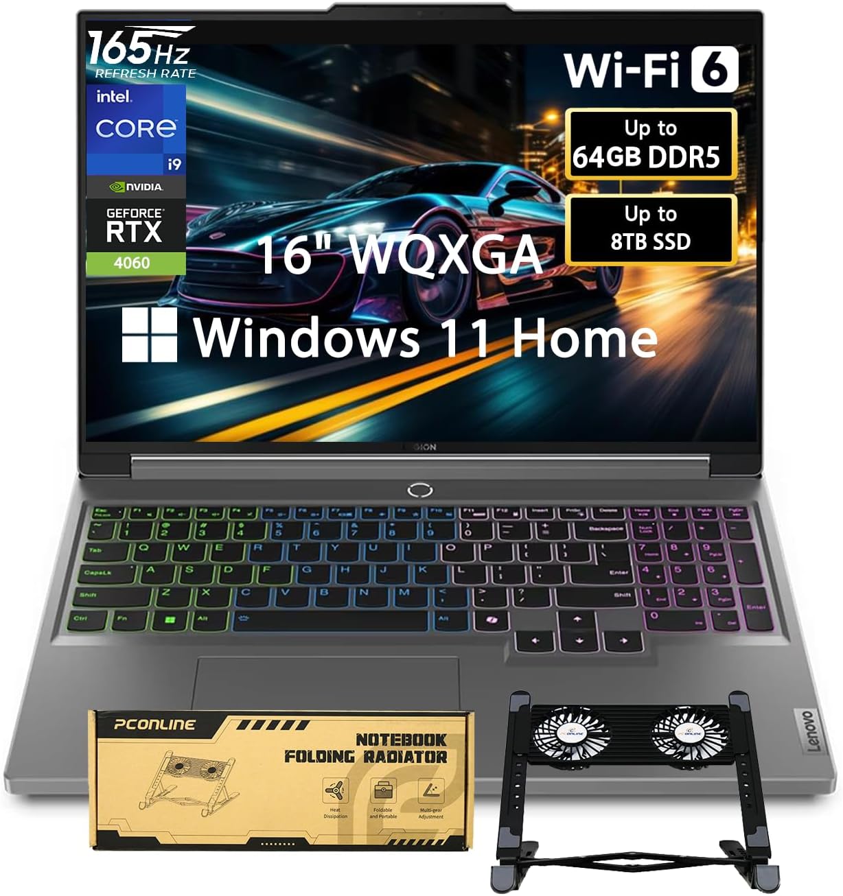Lenovo Legion 16″ WQXGA i9 RTX 4060 Gaming Laptop computer, 16″ WQXGA 165Hz, Intel i9-14900HX, NVIDIA GeForce RTX 4060, 64GB DDR5 RAM, 4TB SSD, W11H, Bundle with PCO Pocket book Folding Radiator, Laptop computer Cooler