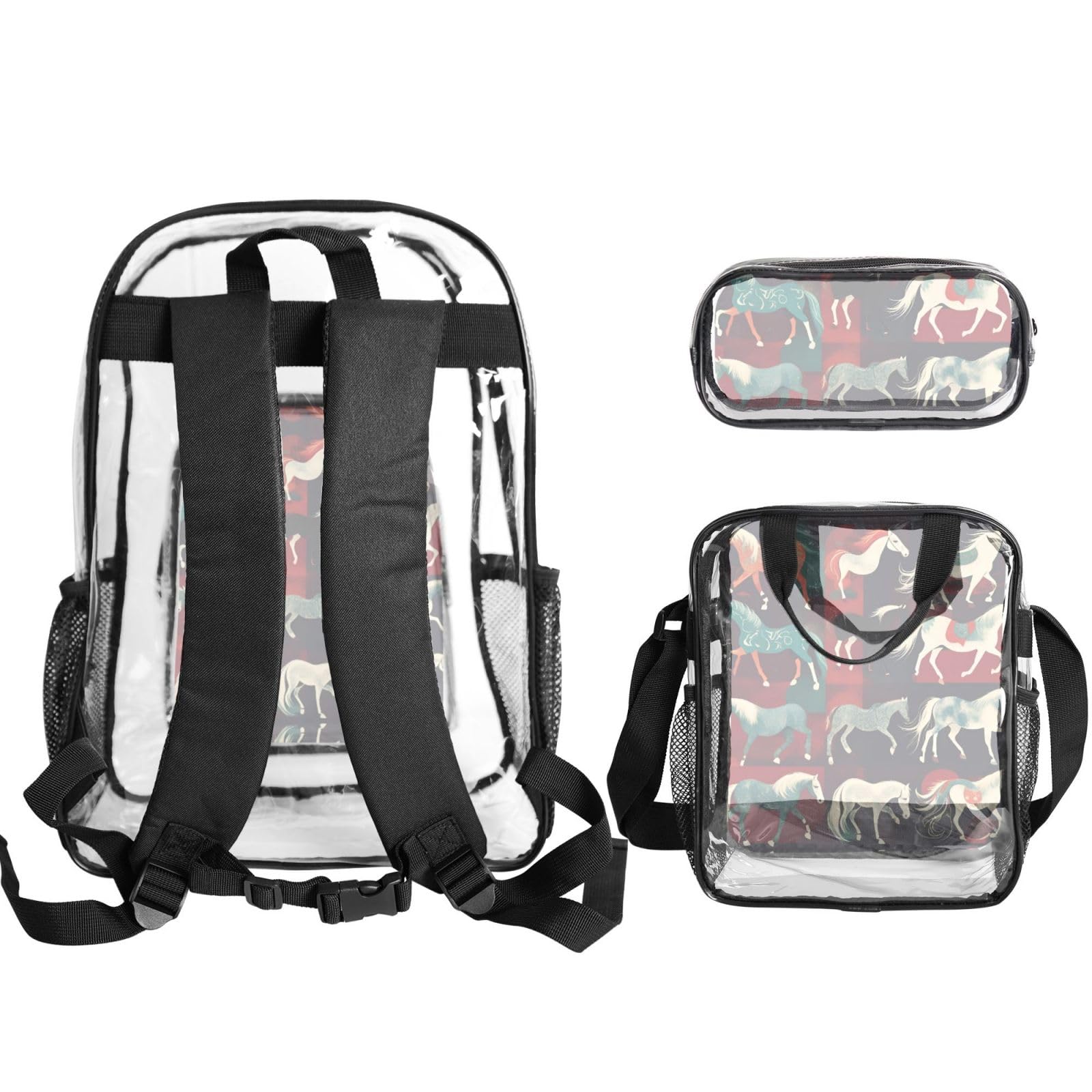Juego de mochila estampada de varios tipos de caballos 3 en 1, juego de bolsa transparente para la escuela, trabajo, eventos en estadio y transporte diario