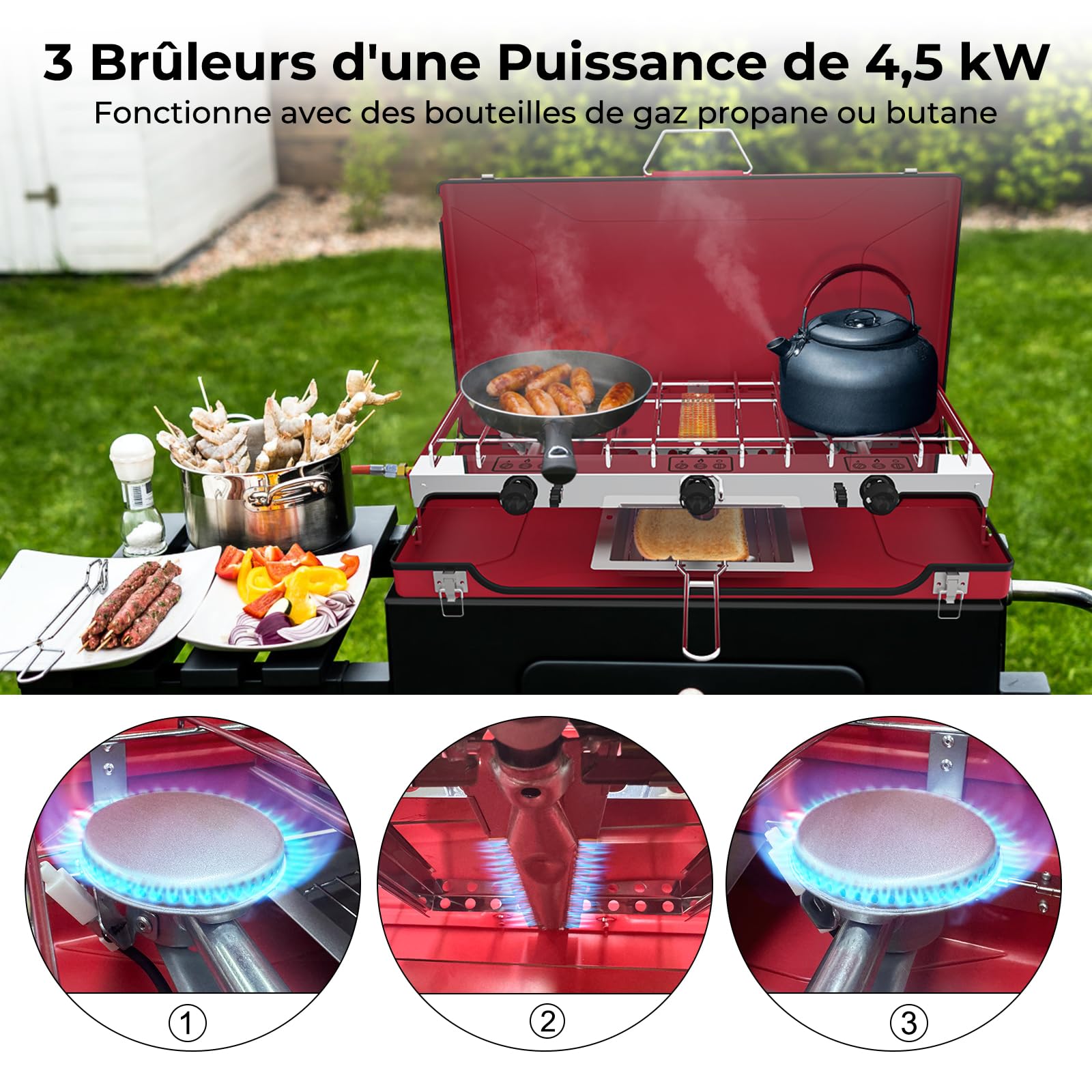 Camplux JK-5330-DE 3 Brûleurs Réchauds de Camping, Portable Cuisinière à Gaz, 4,5kW, Gaz Butane/Propane, 50mbar, Bleu