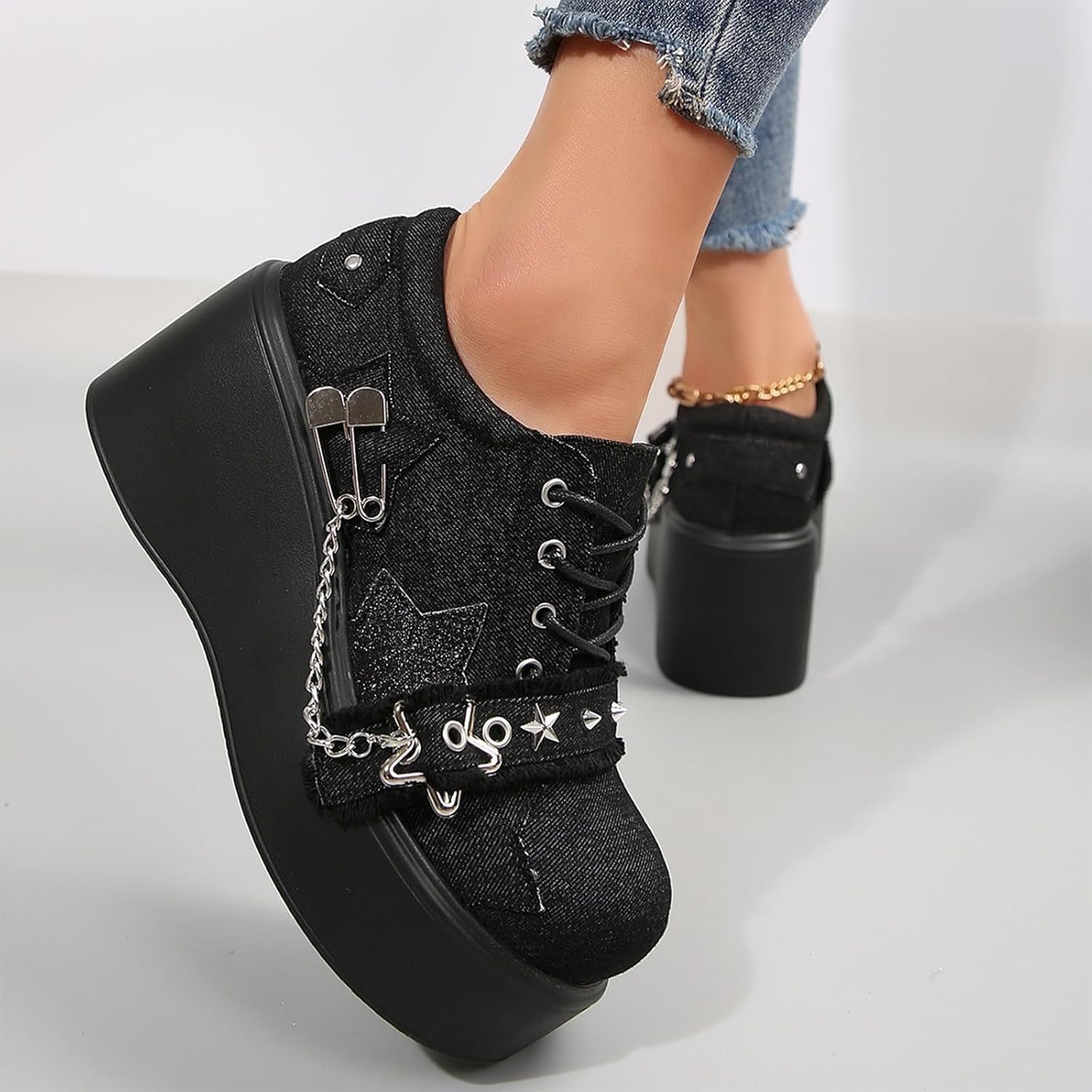 Women's Denim Low Top Wedge Gothic Ankle Boots Fashion Chain Round Toe Lace Up Platform Ankle Boots Rave Party Prom Punk Boots - Image 6