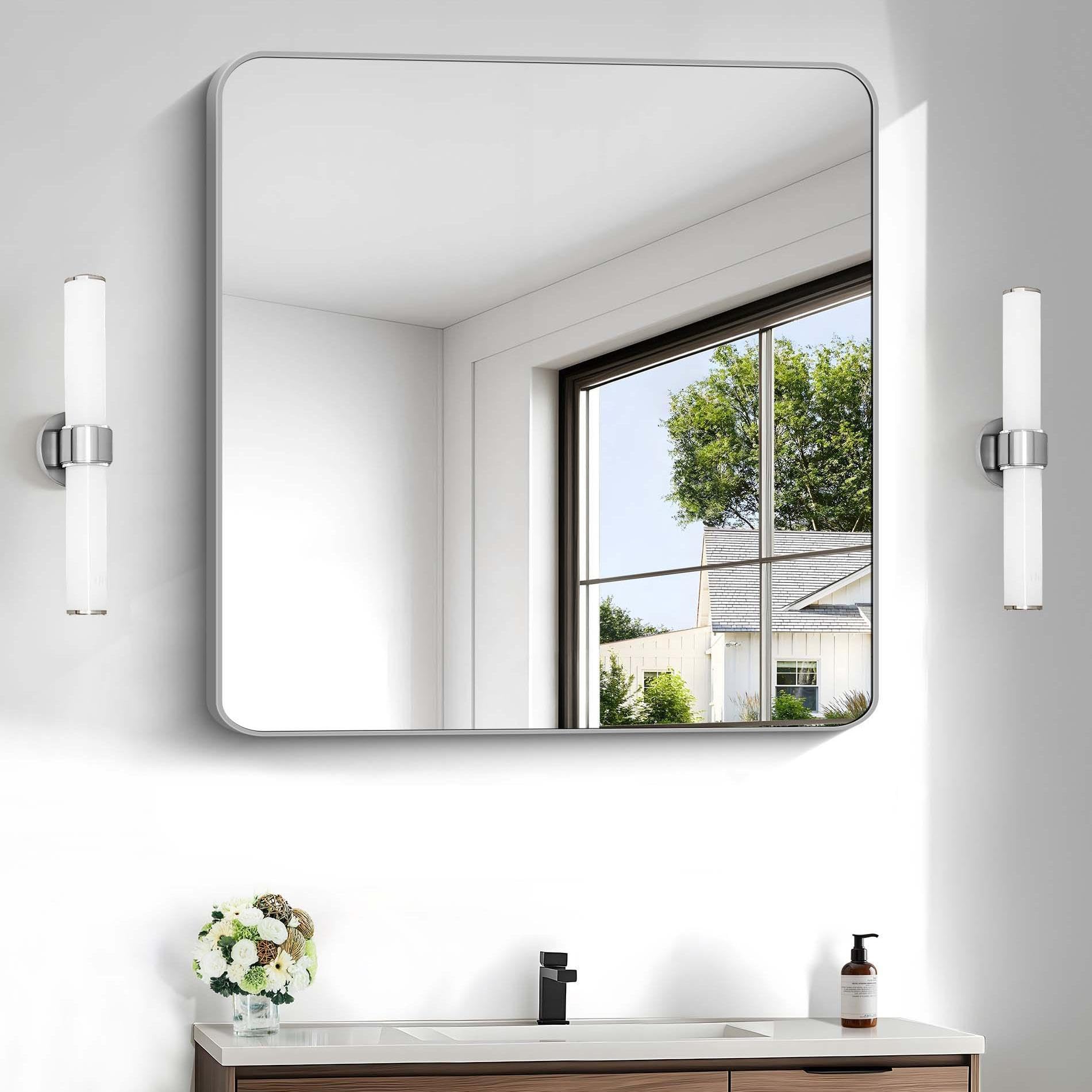 Silver Bathroom Mirror, 30 x 30 Inch Silver Square Mirror, Metal Framed Rectangular Vanity Mirror, Rounded Corner Wall Mounted Mirror for Living Room Bedroom Entryway Hangs Horizontal/Vertical