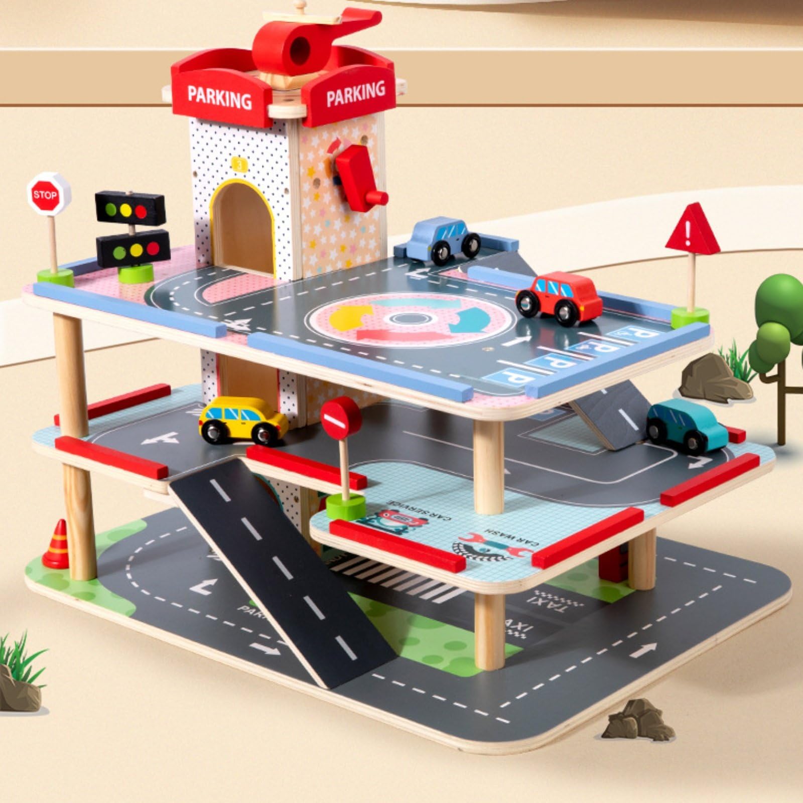 predolo Parking Jouet en Bois avec Ascenseur, Garage en Bois à 3 Niveaux, Parking Jouet Interactif, Multiples Accessoires Inclus, pour Enfants dès 3 Ans, M-Parking Centre