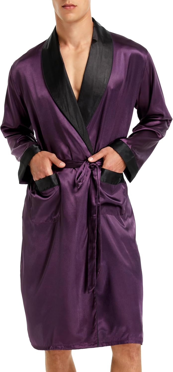 Sanraflic® Mens Satin Robe Lightweight Silk Long Sleeve Bathrobe with Shorts Set Spa Kimono Sleepwear Nightwear - Image 2