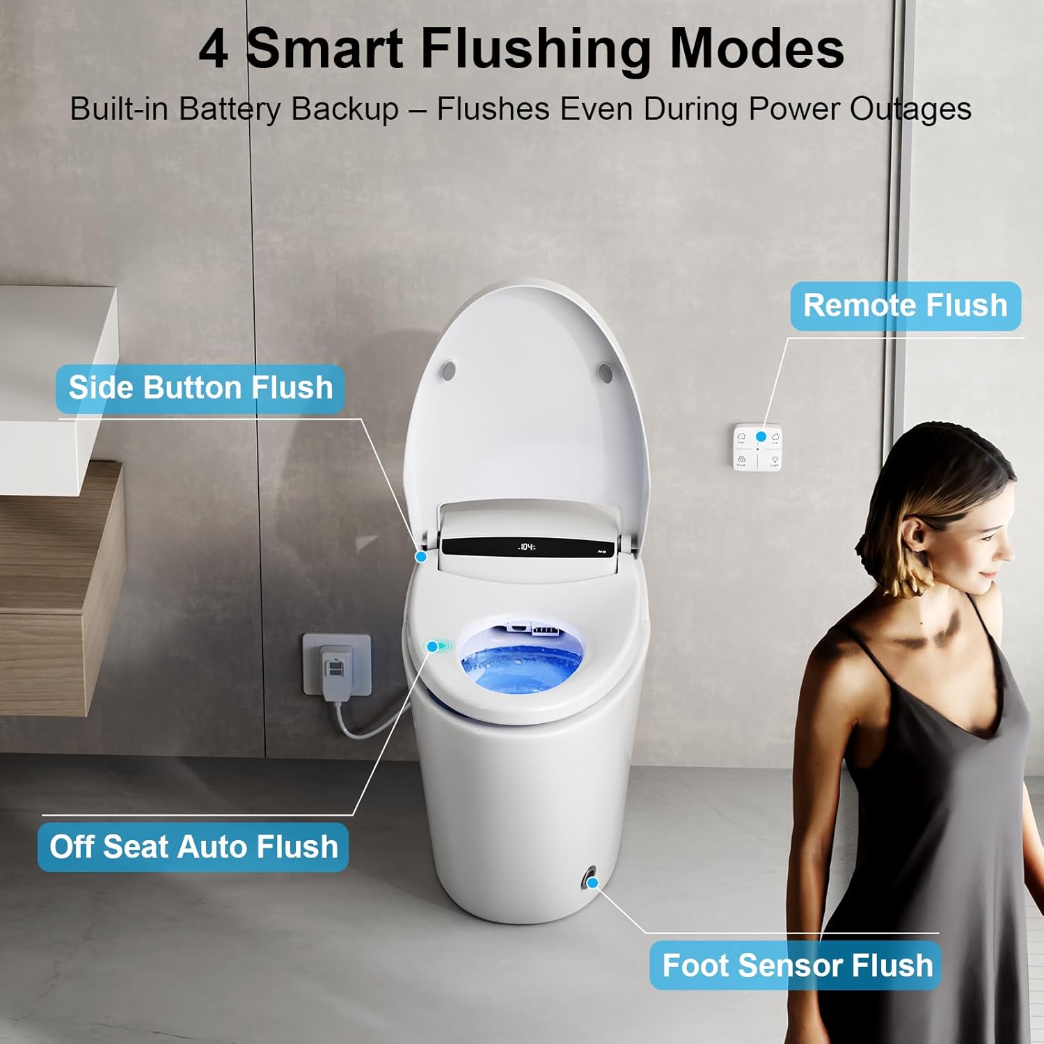 Vipbear Smart Toilet demonstrating four flushing modes: remote, side button, off-seat auto, and foot sensor