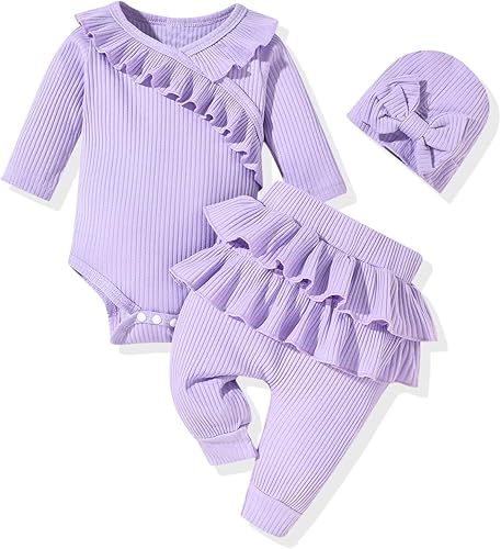 fioukiay Ropa de bebé recién nacida prematura para niña, conjuntos de ropa de 3 piezas con volantes y pantalones