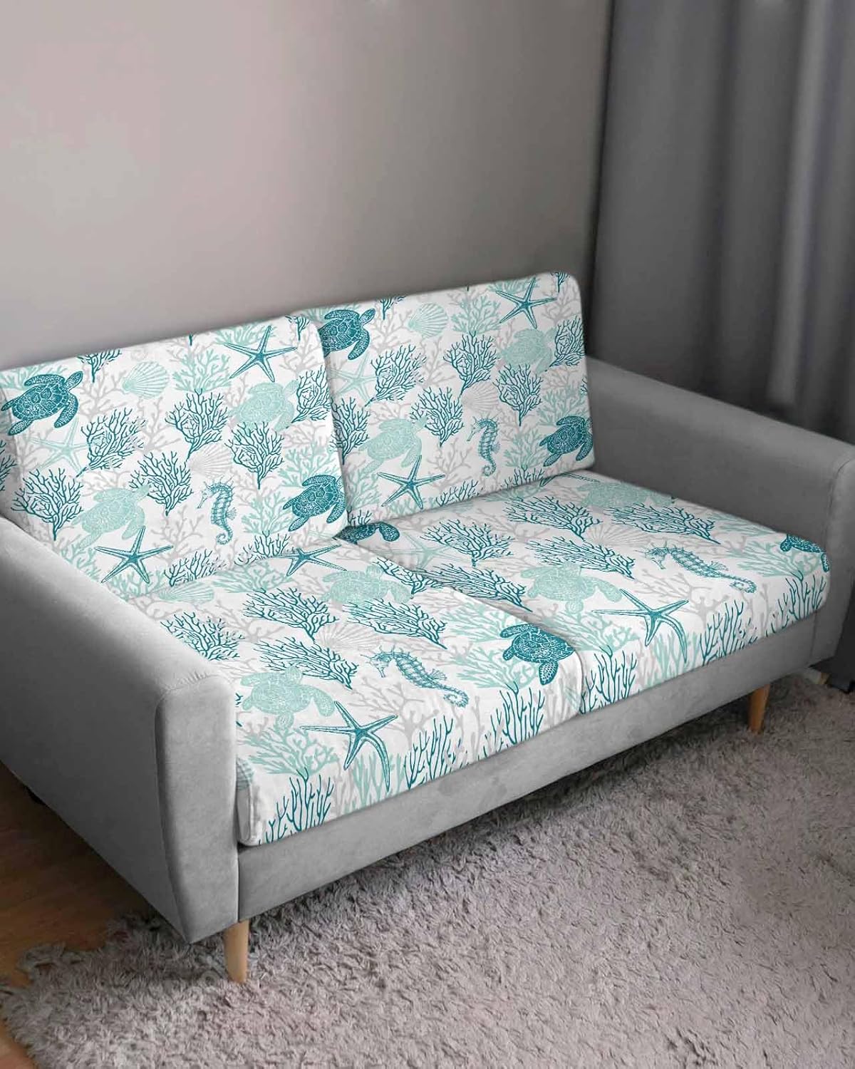 Turquoise Coral Starfish Turtle Couch Cushion Covers, Universal Sofa Cover L Shape Stretch Couch Covers Nautical Ocean Coastal Seat Cushion Slipcovers for Sectional Sofa Furniture Protector S-2pcs
