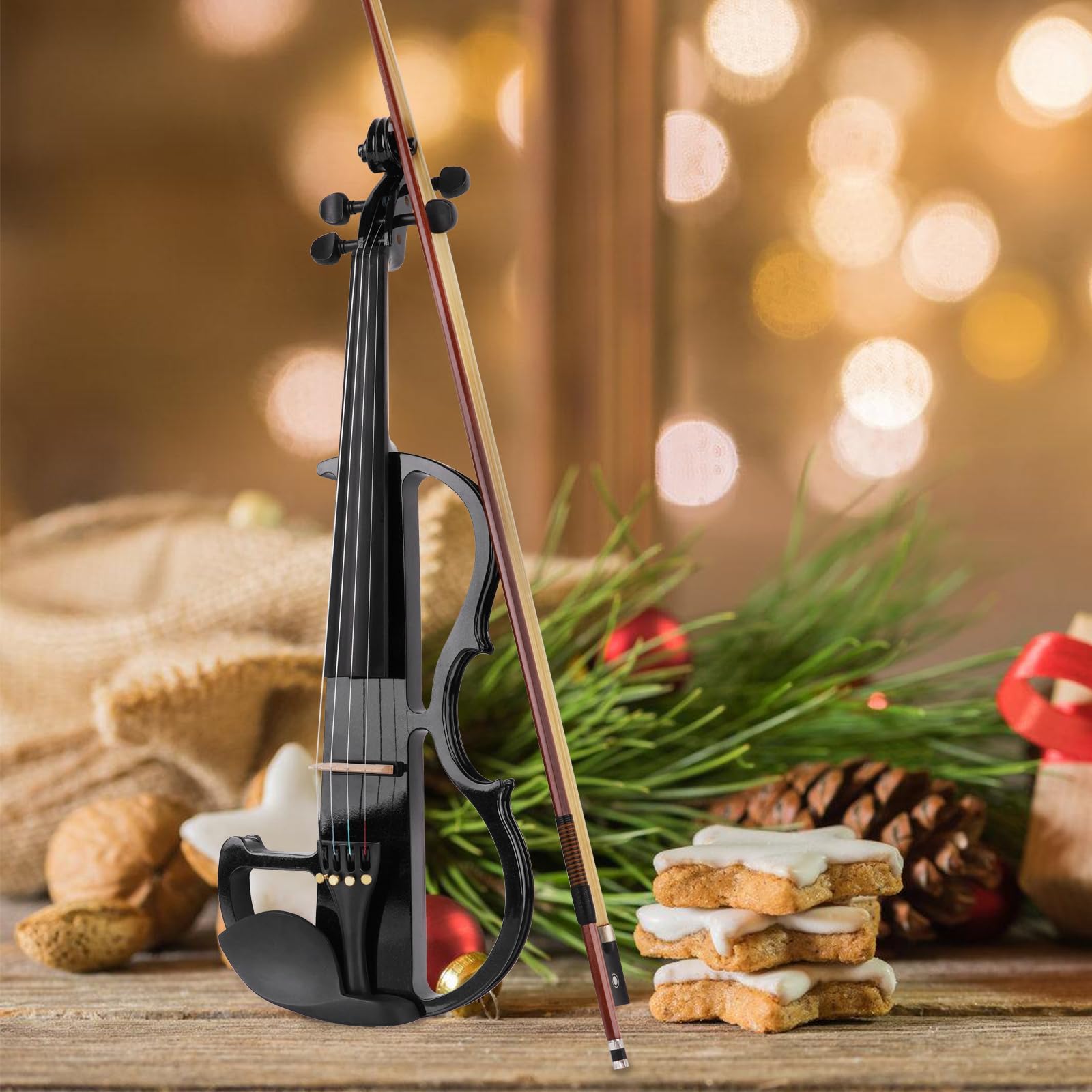 Vangoa 4/4 Elektrische Violine E Geige aus Massivem Holz Electric Stille Violine in Volle Größe mit Kolophonium, Tragetasche, Audiokabel, Schulterstütze, Bogen, Schwarz