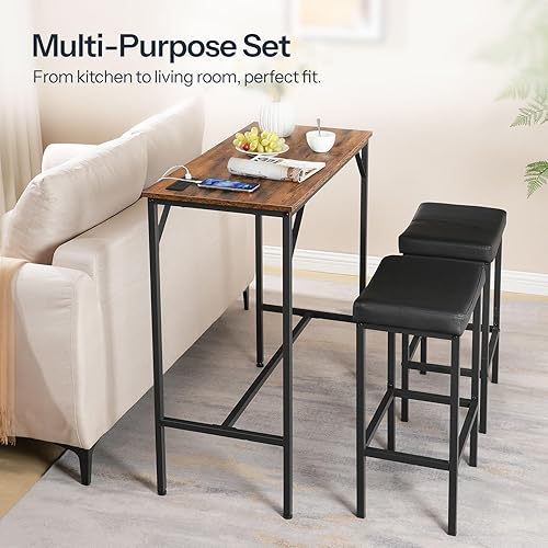 Miniatura 5 de HOOBRO Juego de mesa de bar y sillas de 3 piezas, mesa de pub de 39.4 pulgadas, mesa de bar superior alta con estación de carga, mesa de comedor de