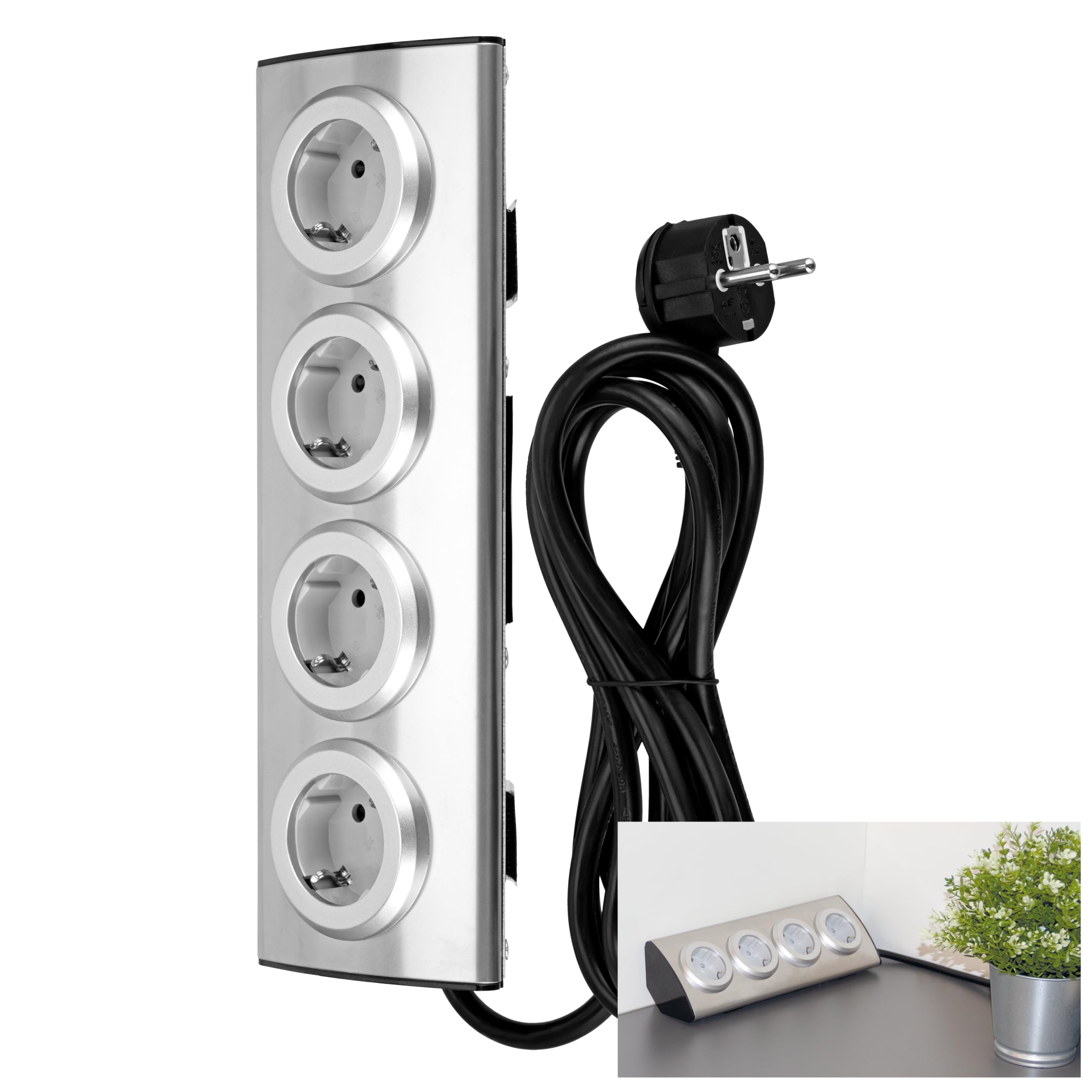 REV Steckdosenleiste - Mehrfachsteckdose mit Klettband für Eckmontage, ideal für Küche & Büro, 3500W, 1,95m, Silber