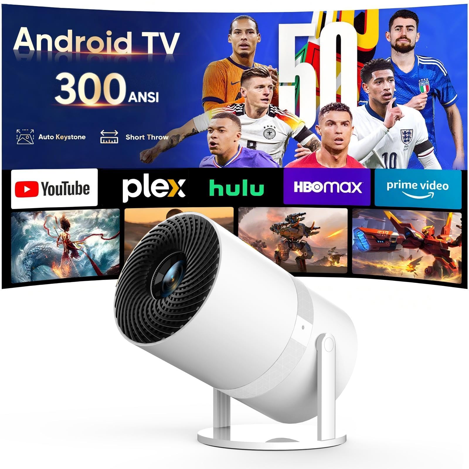 【Short Throw/Built-in Apps】 1080P Mini Projector with WiFi 6 and Bluetooth, Portable Outdoor Projector with 【Auto Keystone】, 270°Rotation Movie Projector Compatible with HDMI, USB, Smartphone