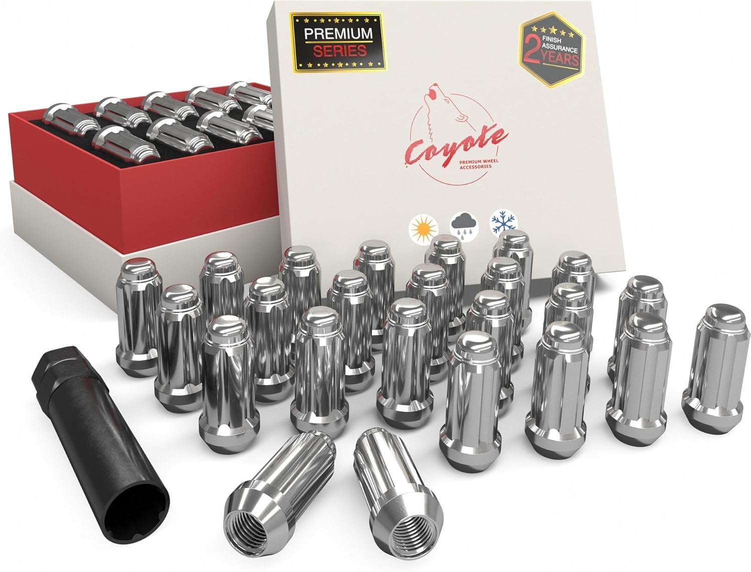 Wheel Accessories Parts Premium Spline Lug Nuts 2 Year Warranty 24 Pcs M14x1.5 14x1.5 Thread 2.00" Long Chrome 6 Spline Hex Fits Chevy Silverado 1500 Ford F-150 GMC Sierra 1500 RAM 1500