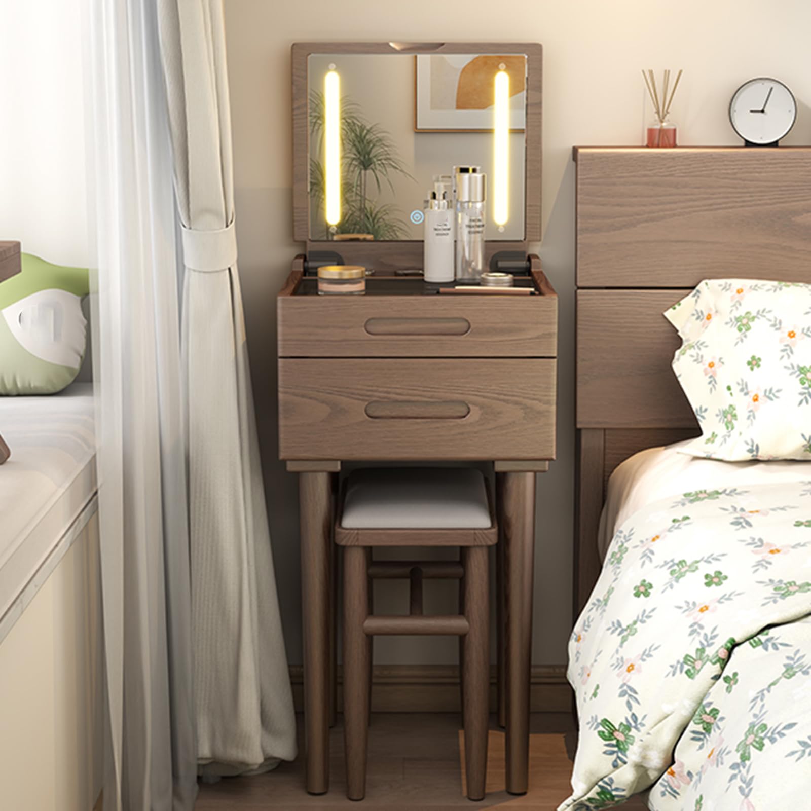 asdchZen Walnut Makeup Vanity Table Set With Led Light, Cushioned Stool & 2 Drawers, Vintage Dressing Table For Small Spaces, Stylish Bedroom Furniture