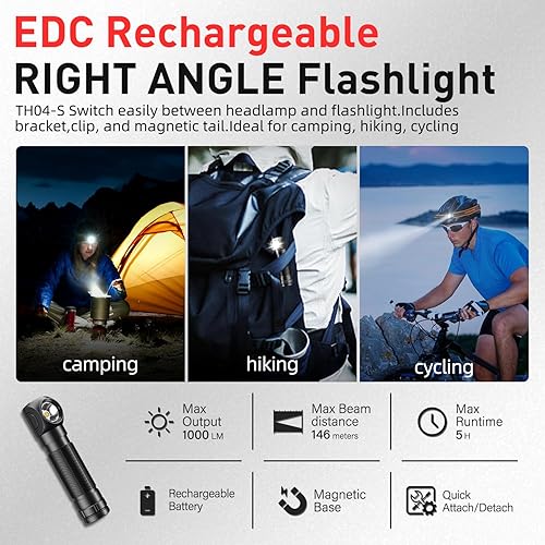 Miniatura 7 de SuperFire Linterna frontal recargable de 1000 lúmenes, luz impermeable para manos libres con 5 modos y base magnética, regalo para hombres, papás,