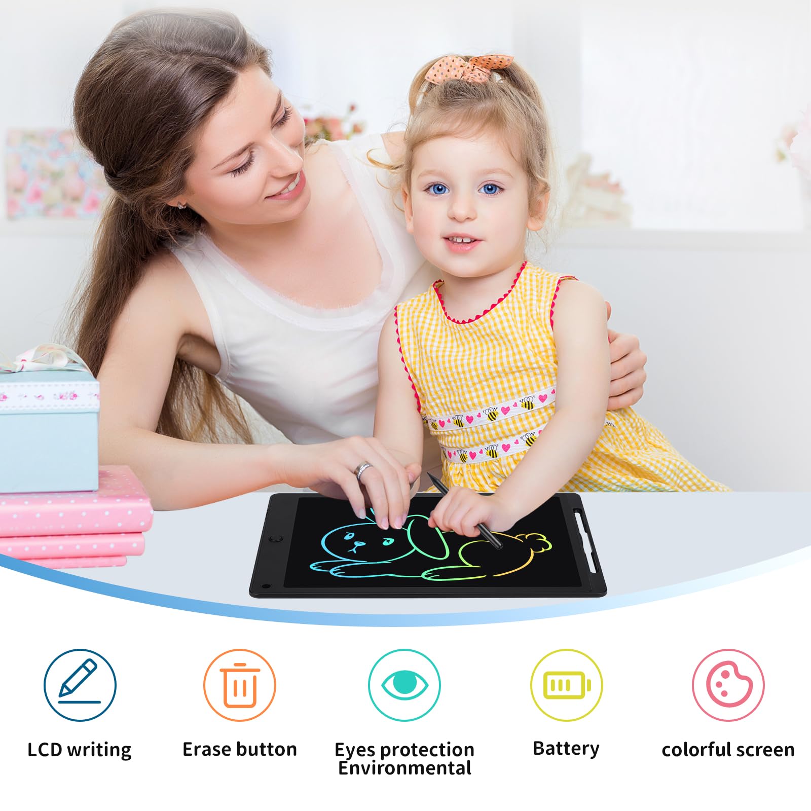 Tablette Dessin Enfant 13 Pouces Écriture LCD avec Bouton Suppression Verrouillage Noir